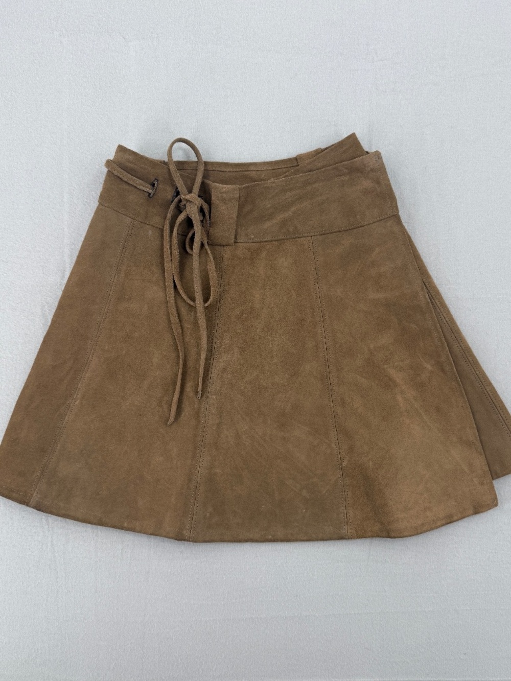 Vintage 70s Suede Leather Wrap Mini Skirt Tan Brown Tie Waist Boho Western S / M